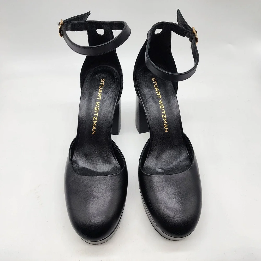 Stuart Weitzman Dayna Platform Pump Women's 7B Black Leather Ankle Strap Heels